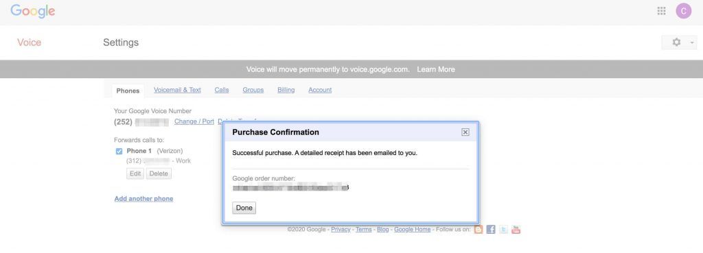 Google Voice号码变更支付完成确认