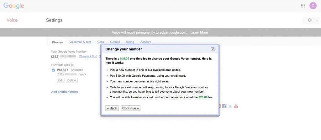 Google Voice号码变更费用确认