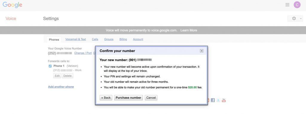 Google Voice新号码购买确认