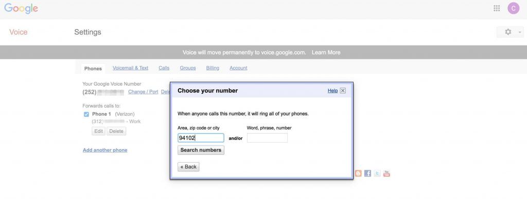 Google Voice变更号码查找
